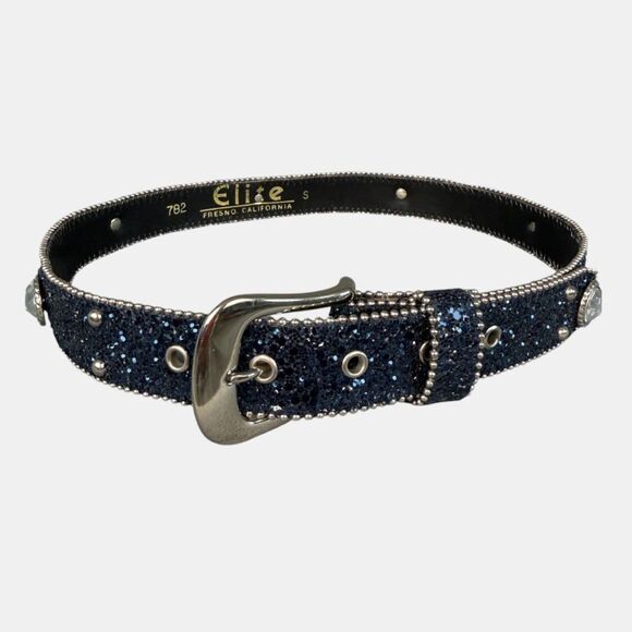 Elite Fresno CA Navy Glitter Leather Western Rhinestone Concho Belt BNWT Sz S
